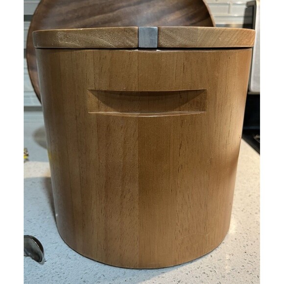 Vintage MCM Wooden Ice Bucket EUC Carved Handles Golden Insert UnSigned 50s - Picture 1 of 8